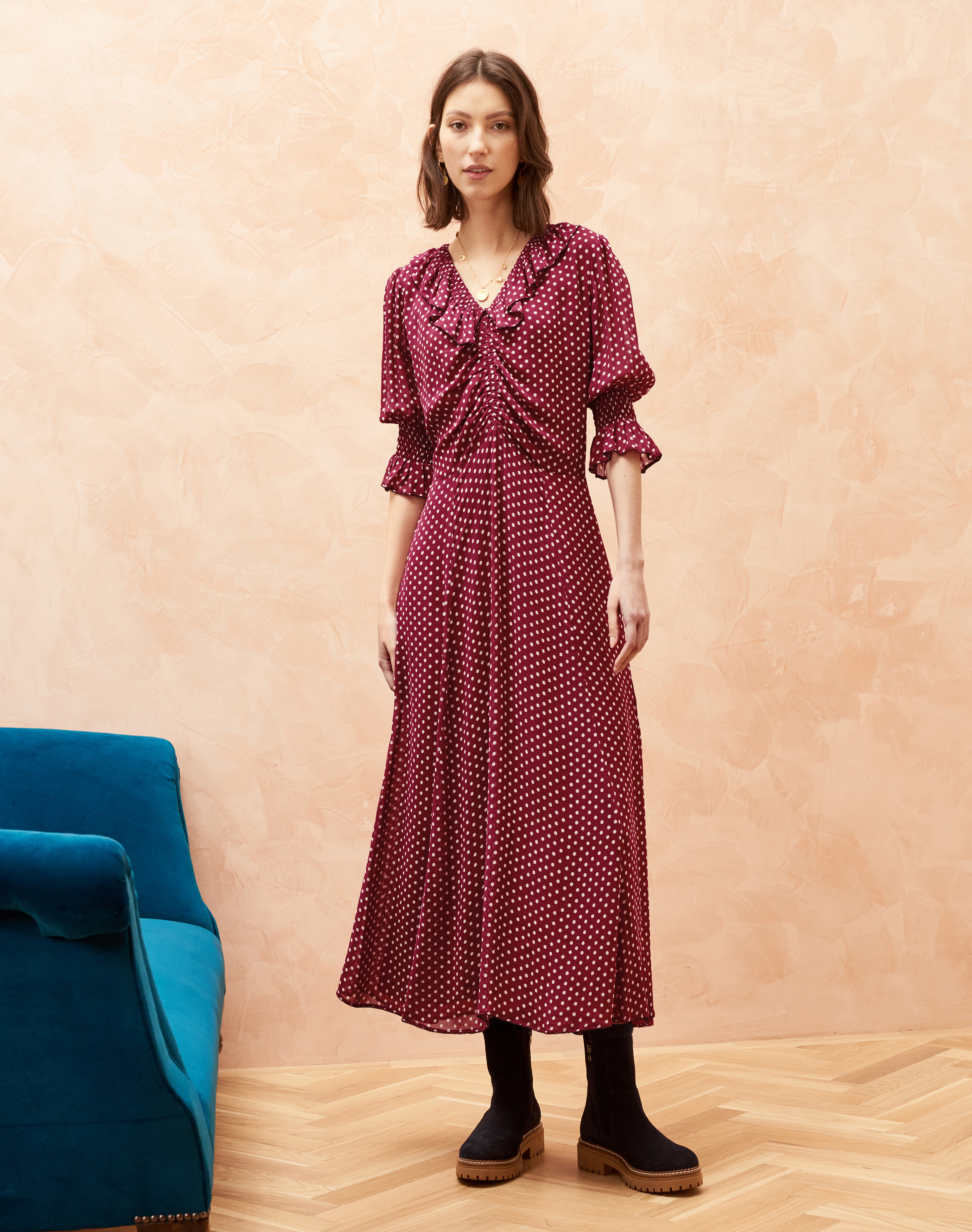 Silk Spot Star Ruched Dress Mulberry & ecru