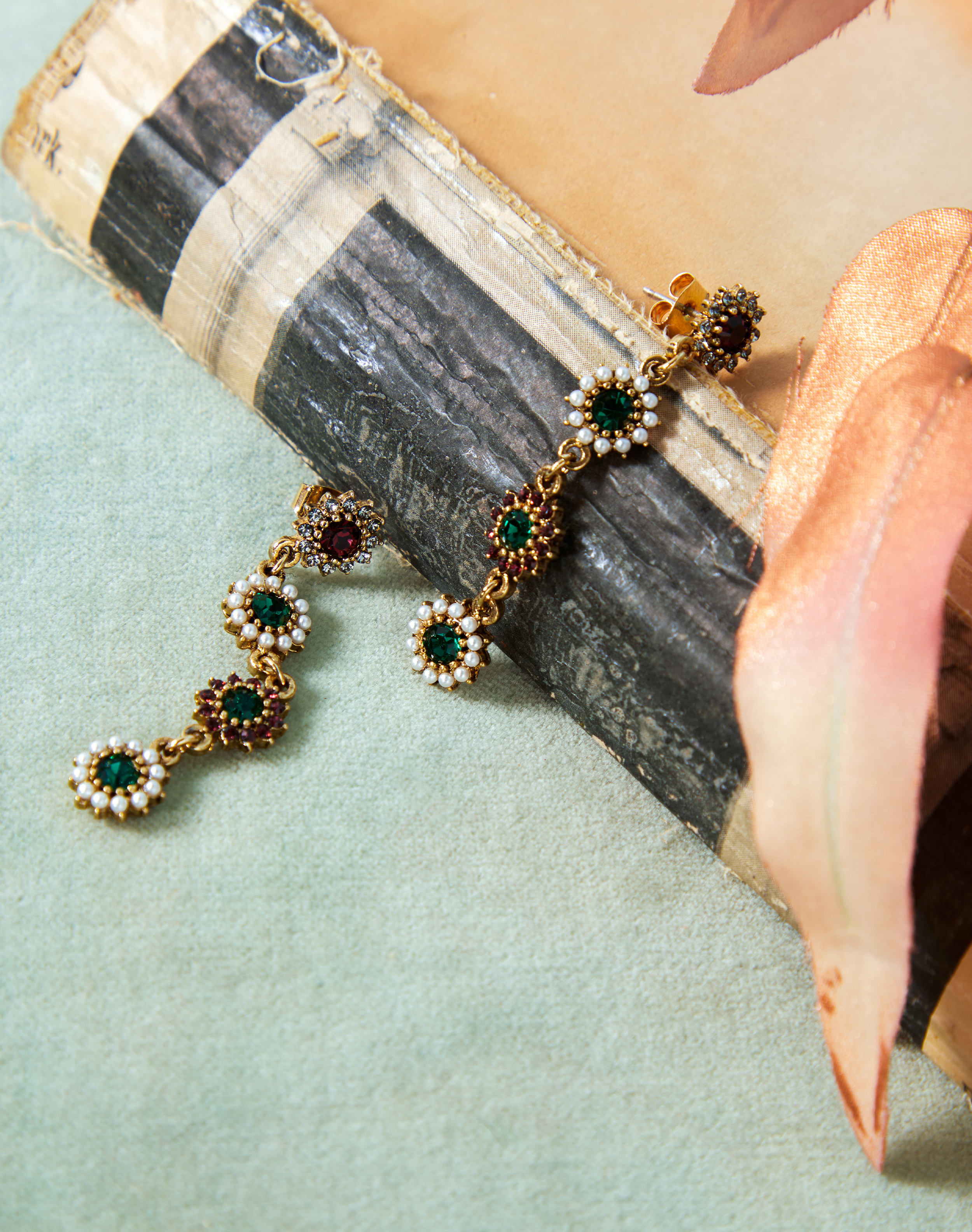 Crystal & Pearl Tiered Drop Earrings Emerald & ruby