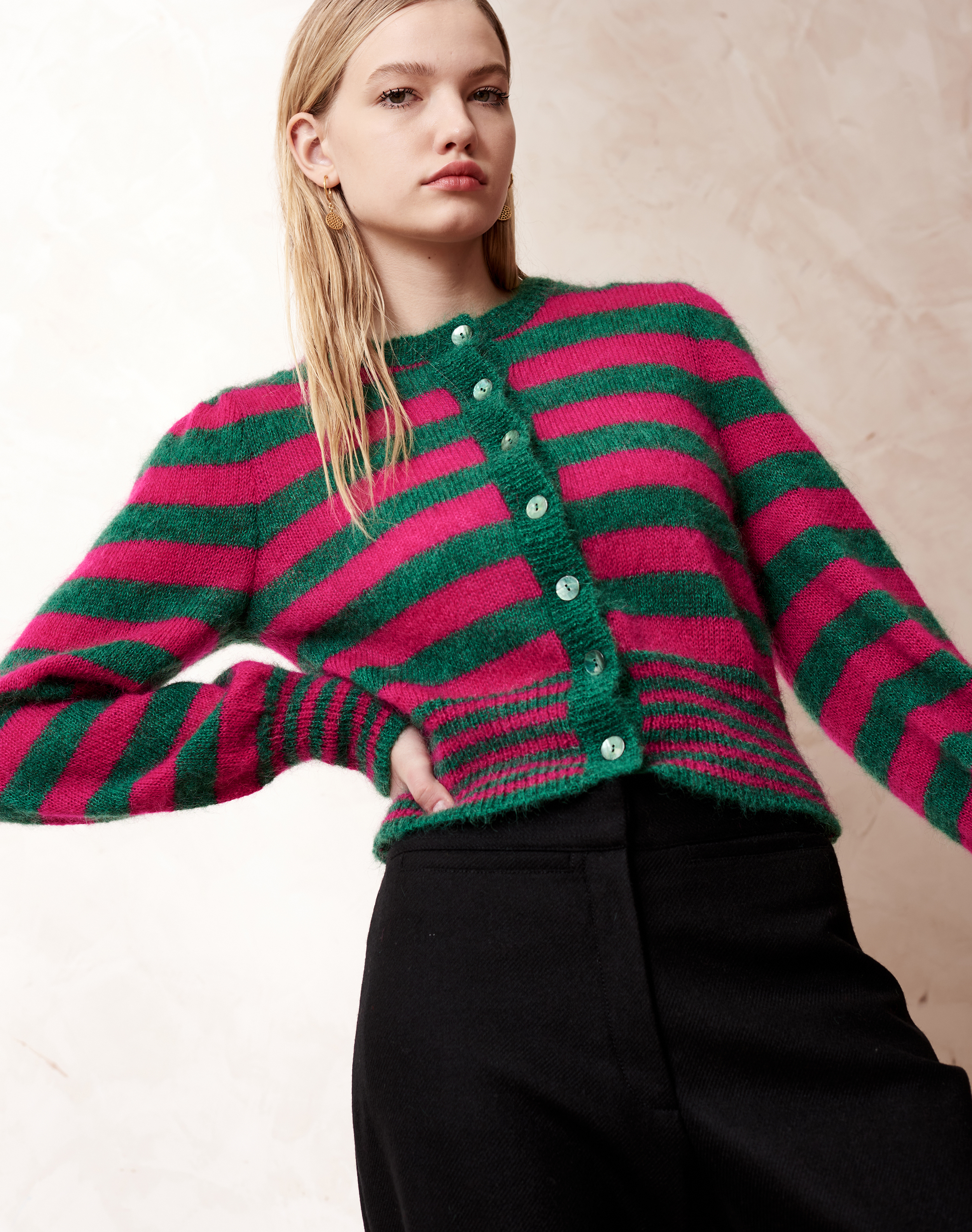 The Mohair Bright Stripe Cardigan Emerald & hot pink
