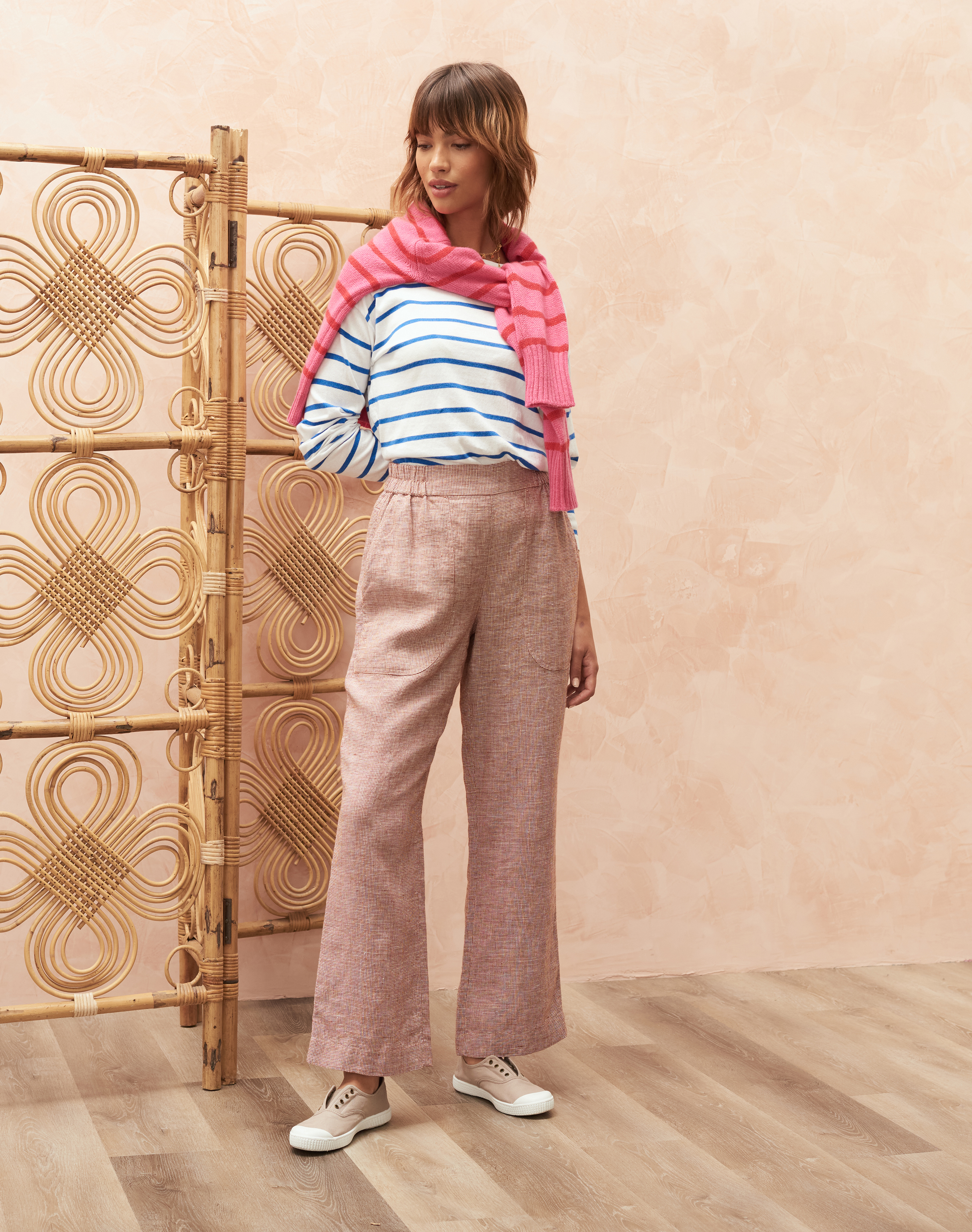 Fine Houndstooth Linen Pull On Trousers Ginger