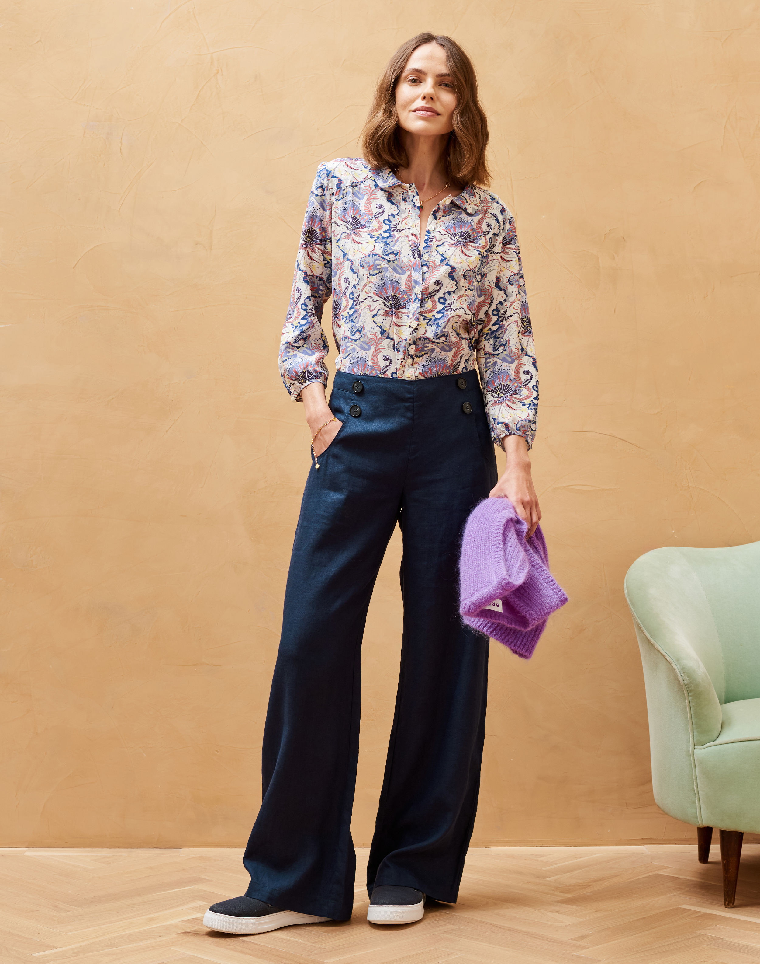 Linen Button Front Trousers Navy
