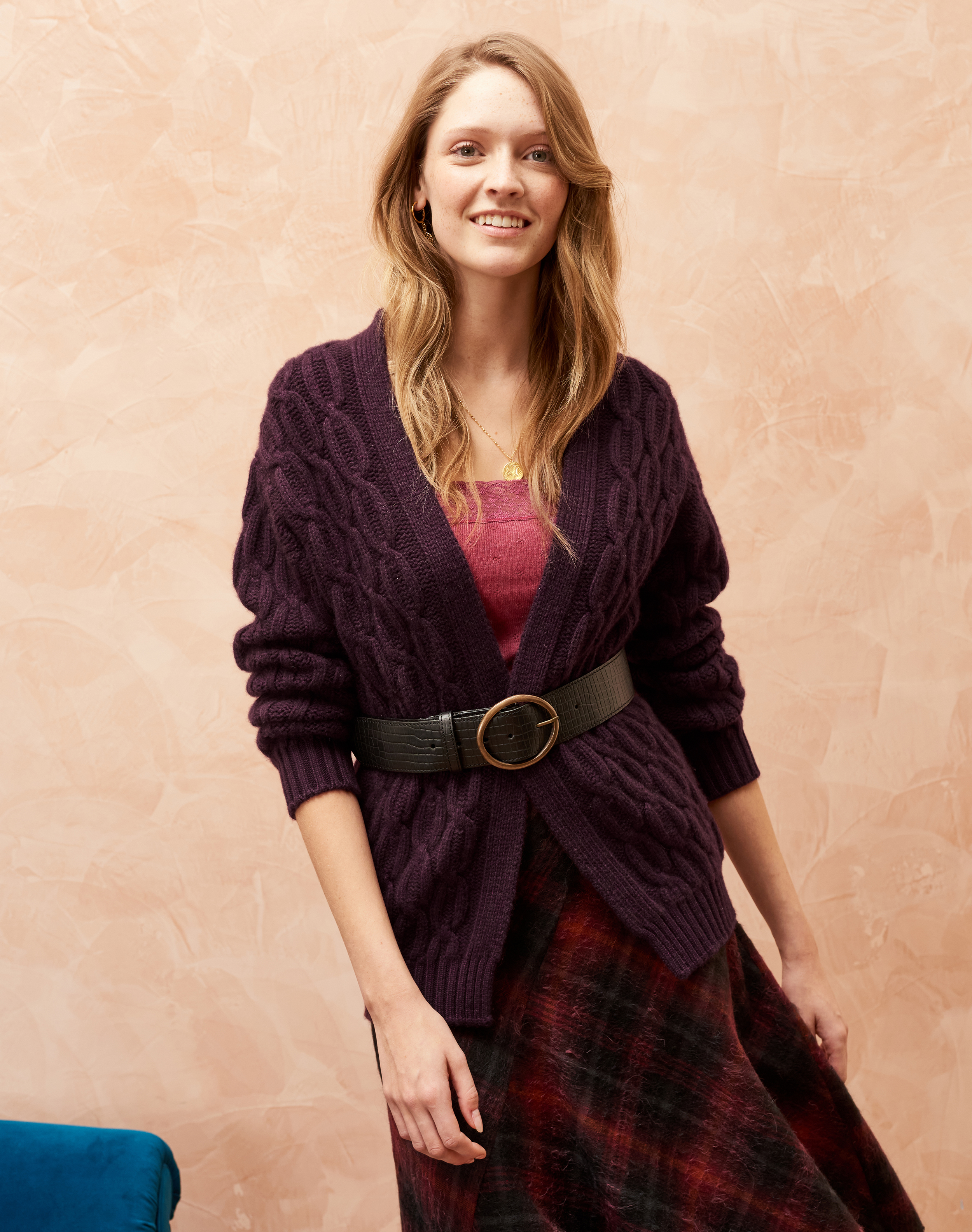 Cashmere Luxe Knit Cable Cardigan Aubergine